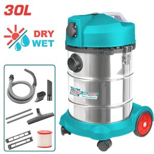 The TOTAL Industrial Wet & Dry Vacuum Cleaner TVC14301 is a powerful cleaning machine designed for demanding professional and industrial environments. With a 1400W motor and 30-liter tank, it provides strong suction and enough capacity for extended cleaning tasks. The wet and dry functionality allows the machine to handle both dry debris and liquid waste, making it suitable for workshops, construction sites, garages, and commercial spaces. It also features a HEPA filter for improved filtration and an automatic power tool socket, allowing compatible power tools to be connected directly to the vacuum for convenient dust extraction during work. Key Features 1400W powerful motor 30-liter large-capacity tank Wet and dry vacuuming Durable copper-wire motor HEPA filtration system Automatic power tool socket Designed for professional and industrial use Suitable for dust, debris and liquid collection Technical Specifications Specification Details Brand TOTAL Model TVC14301 Power 1400W Capacity 30 Liters Type Wet & Dry Motor Copper Wire Filter HEPA Power Tool Socket Automatic Application Industrial / Commercial Cleaning Applications Construction sites Workshops Garages Factories Offices Vehicle cleaning Renovation projects Power tool dust extraction General heavy-duty cleaning TOTAL Industrial Wet & Dry Vacuum Cleaner TVC14301 – 1400W, 30L