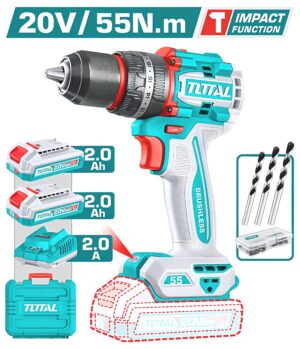 TOTAL TIDLI20558 Compact Brushless Cordless Impact Drill – 20V P20S Industrial Series