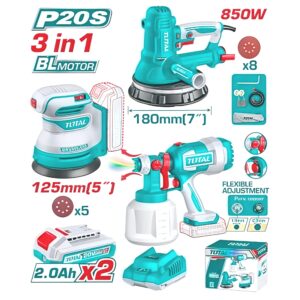 TOTAL 20V Cordless 3-in-1 Combo Kit – Random Orbit Sander, Paint Spray Gun & 850W Drywall Sander