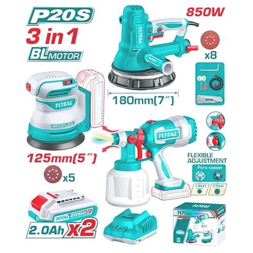 TOTAL 20V Cordless 3-in-1 Combo Kit – Random Orbit Sander, Paint Spray Gun & 850W Drywall Sander