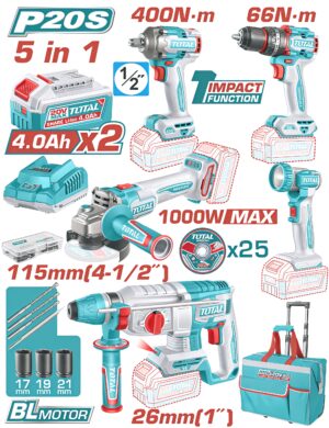 TOTAL 20V 5-in-1 Brushless Cordless Industrial Combo Kit – TCKLI20592E